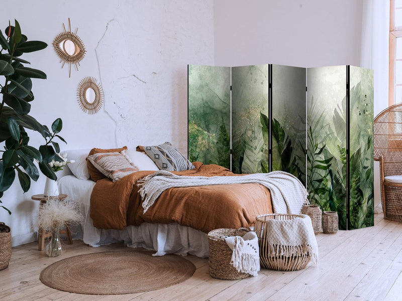 Room divider - Morning Dew - composition with leaves on green background, 150957, 225x172 cm ART