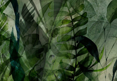 Tilanjakaja - Aamukaste - sommitelma lehtien kanssa vihreällä taustalla, 150957, 225x172 cm TAIDE