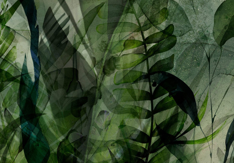 Tilanjakaja - Aamukaste - sommitelma lehtien kanssa vihreällä taustalla, 150958, 135x172 cm TAIDE