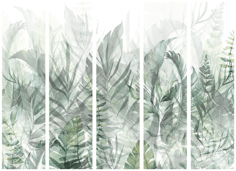 Vahesein, ruumi eraldaja - Metsik heinamaa - Rohelised lehed valgel taustal, 150854, 225x172 cm ART