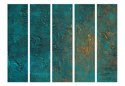 Širma, kambarių pertvara - Turkio spalvos abstrakti tekstūra su aukso akcentais, 133627, 225x172 cm ART