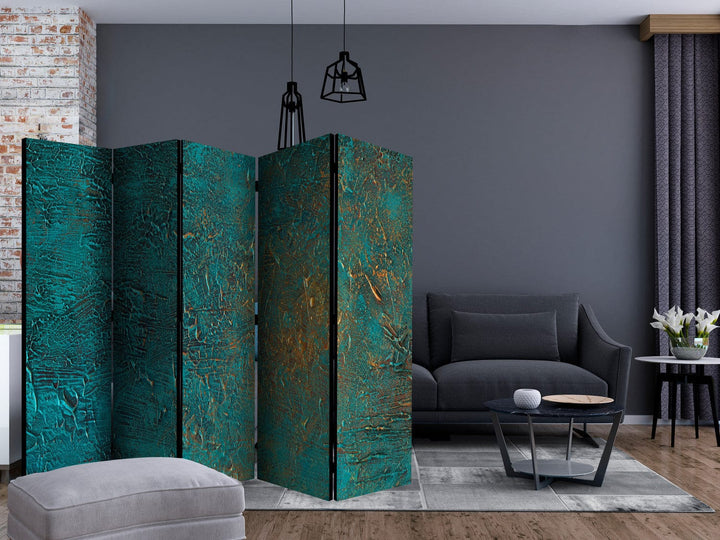 Aizslietnis - Tirkīza abstrakta tekstūra ar zelta akcentu, 225x172 cm ART