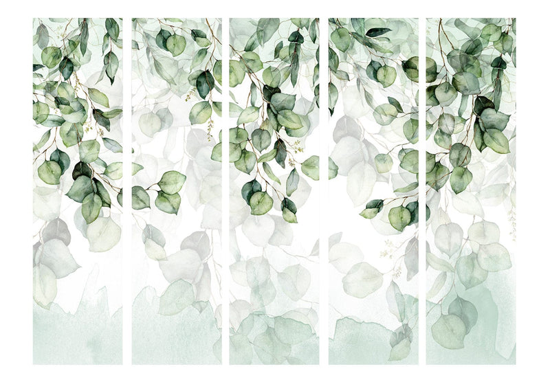 Ширма - Зеленые листья на белом фоне - акварель, 150860, 225x172 см АРТ