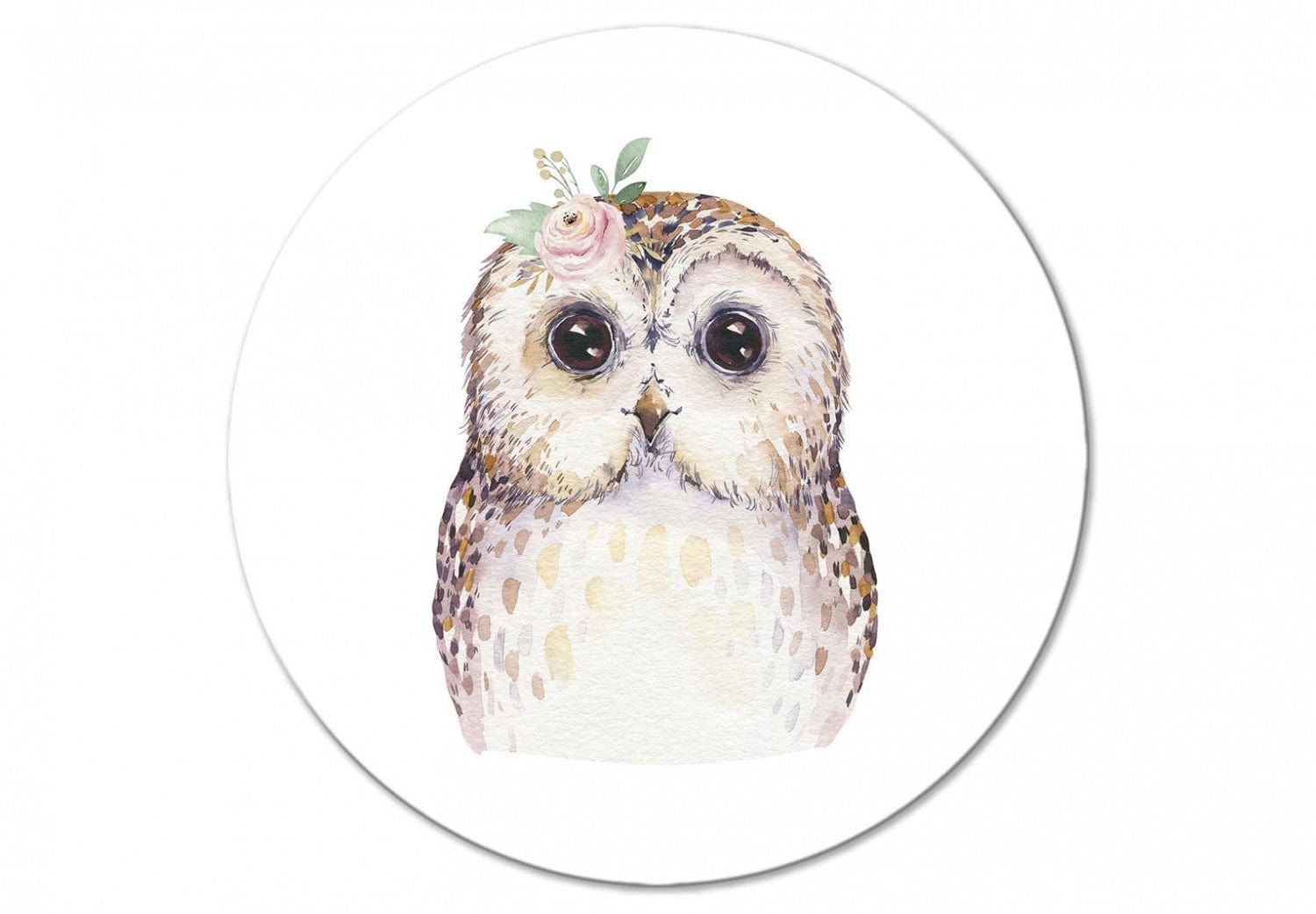 Apaļa glezna bērnistabai - Maza pūce ar nelielu pušķi, 148461 G-ART