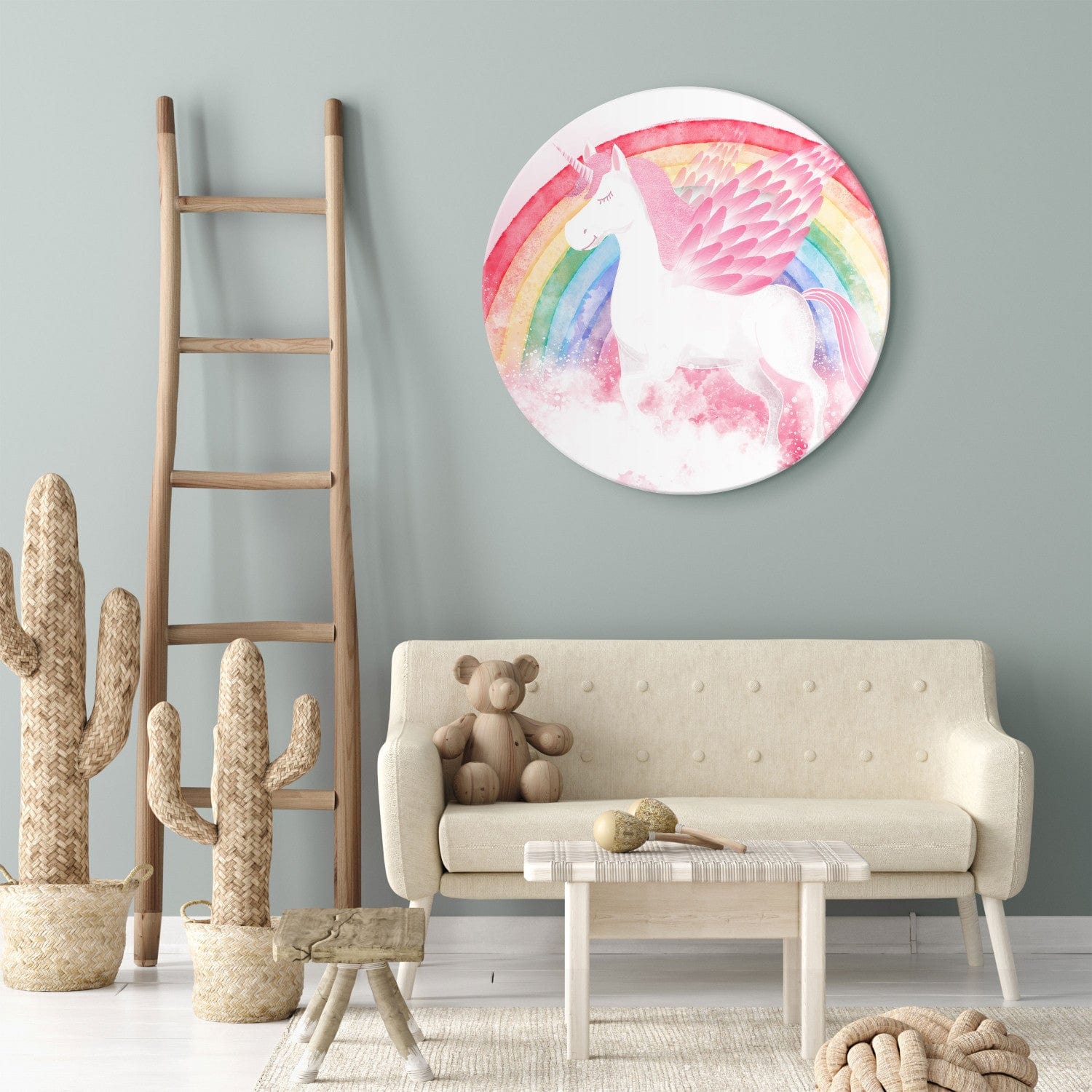 Glezna bērnistabai - Vienradzis un varavīksne uz rozā fona, 148684 G-ART