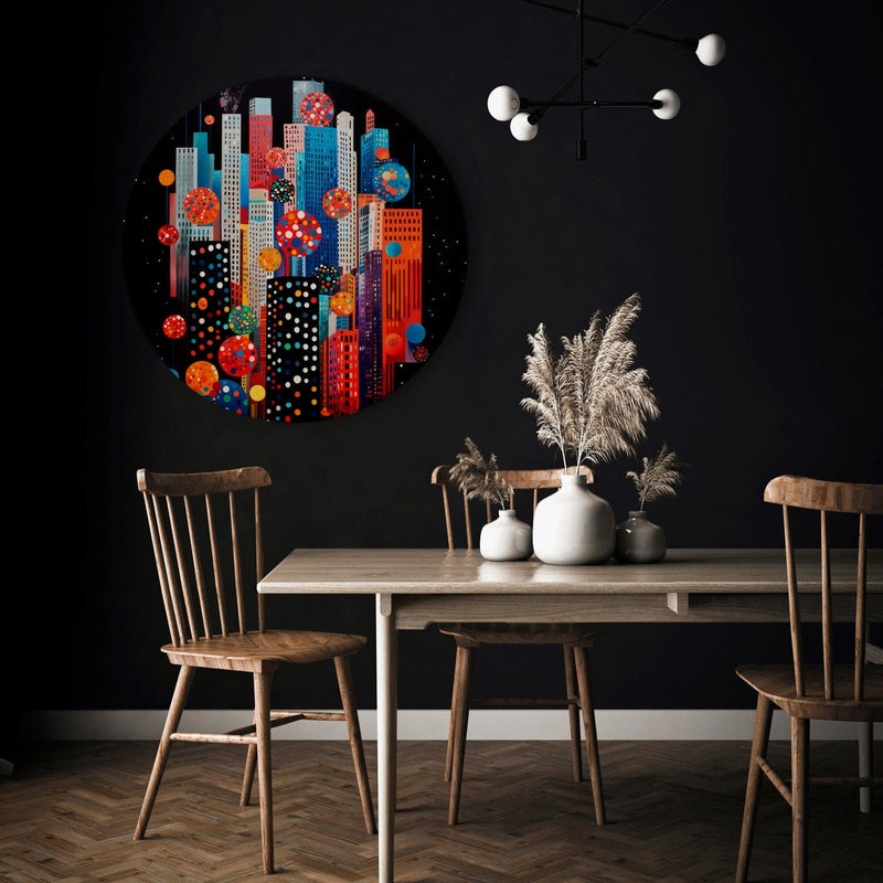 Round canva - Composition of multi-coloured skyscrapers on dark background, 151607 G-ART