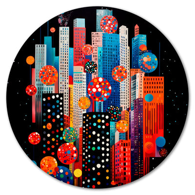 Round canva - Composition of multi-coloured skyscrapers on dark background, 151607 G-ART