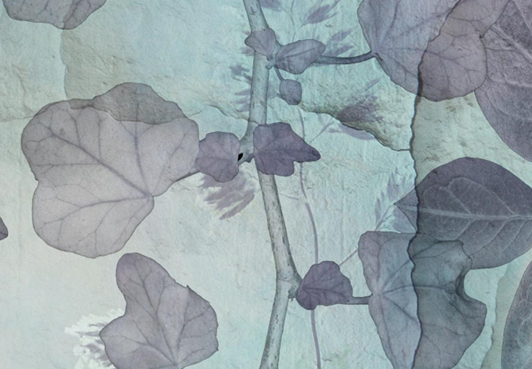 Apaļa glezna - Lapas violetos un tirkīza toņos uz balta fona, 148765 G-ART