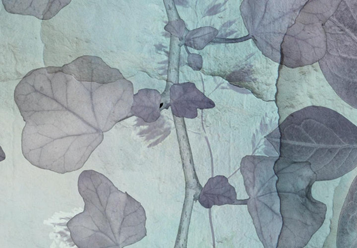 Apaļa glezna - Lapas violetos un tirkīza toņos uz balta fona, 148765 G-ART