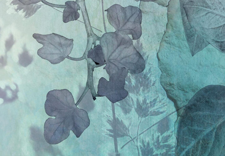 Apaļa glezna - Lapas violetos un tirkīza toņos uz balta fona, 148765 G-ART