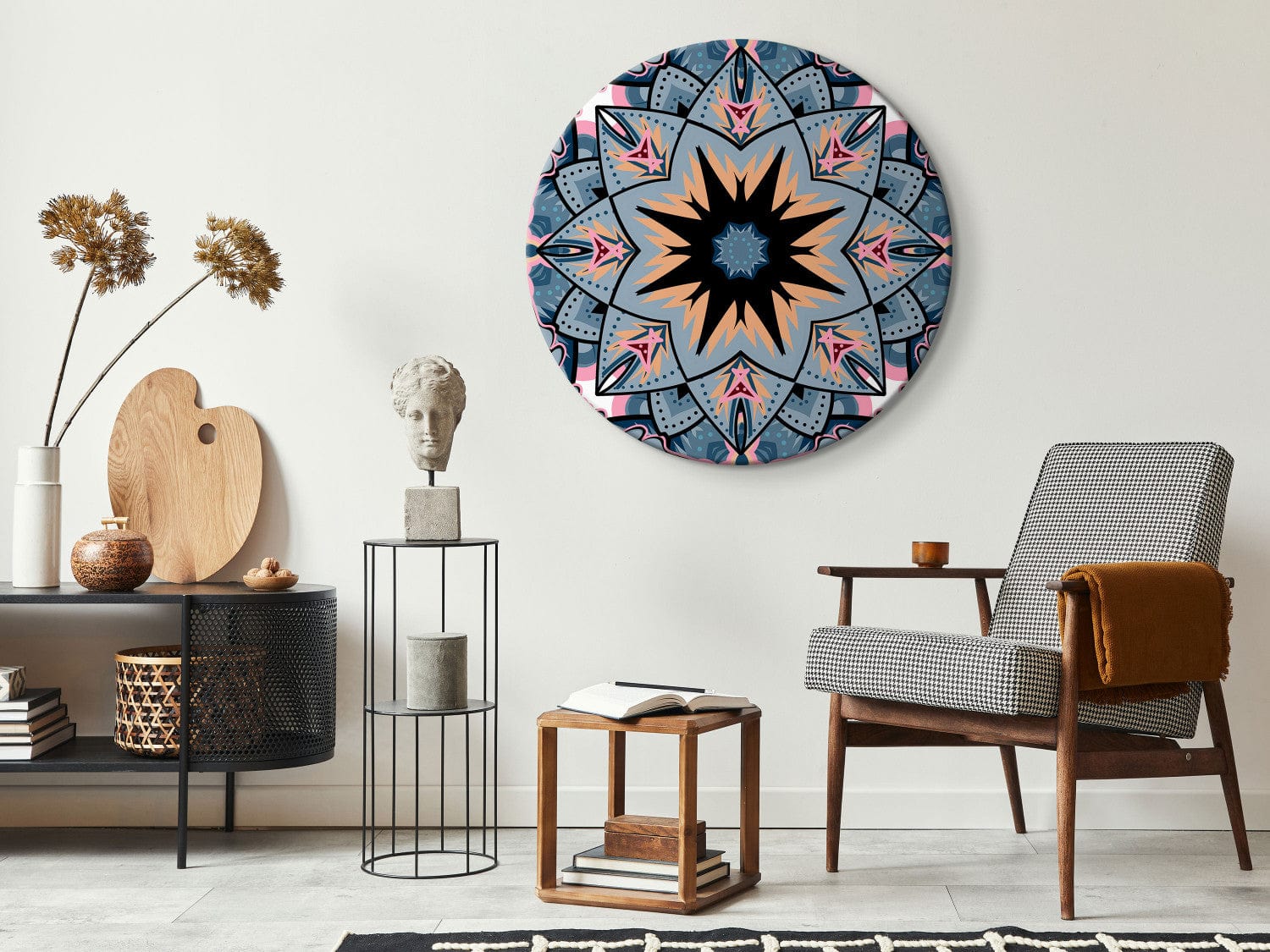 Apaļa glezna - Mandala - austrumu ornaments uz zila fona, 148738 G-ART