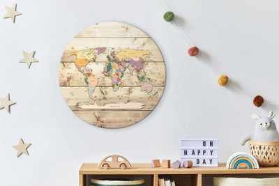 Apaļa Glezna (Deluxe) - Pasaules karte - krāsaini kontinenti uz koka dēļiem, 148727 Tapetenshop.lv