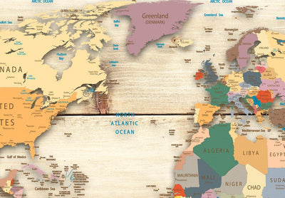 Apaļa Glezna (Deluxe) - Pasaules karte - krāsaini kontinenti uz koka dēļiem, 148727 Tapetenshop.lv