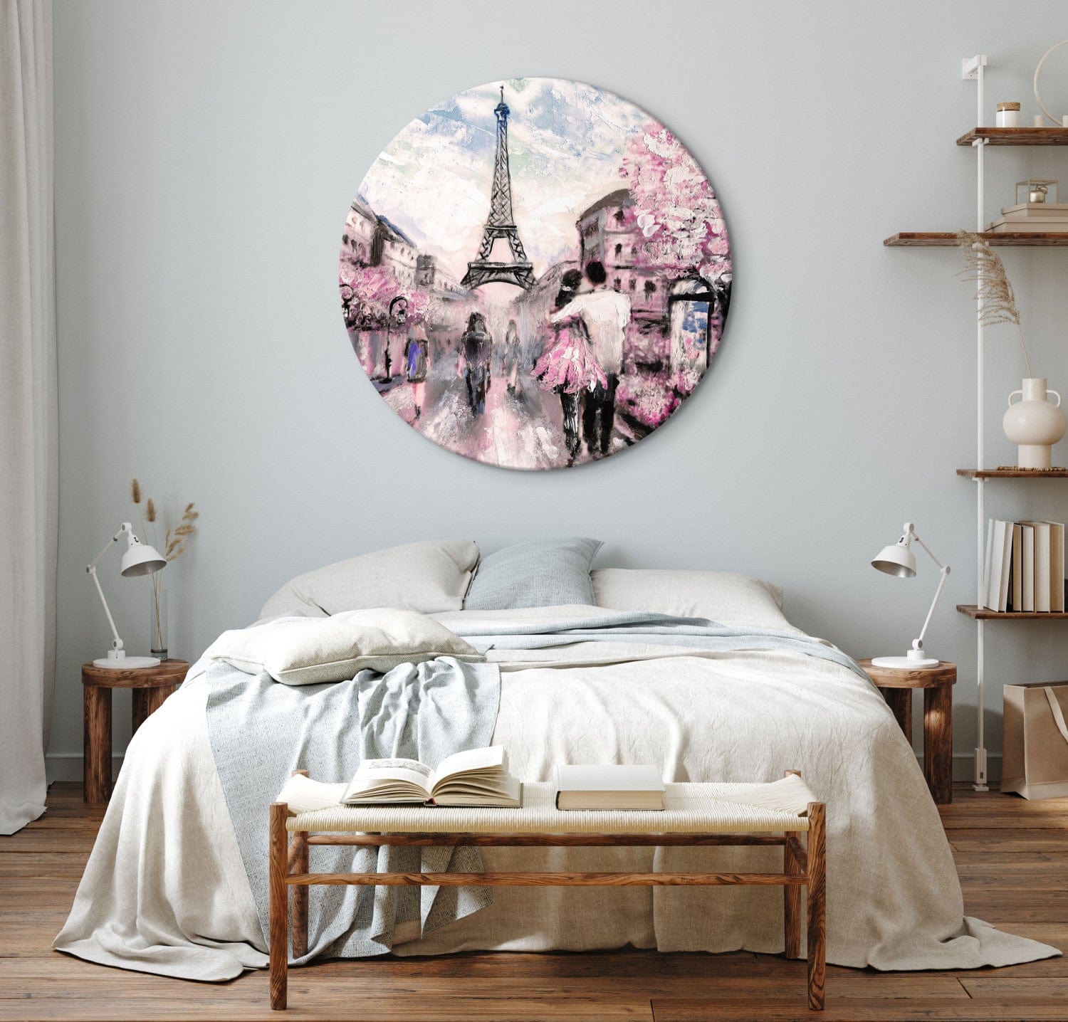 Apaļa glezna - Ainava ar pāri, kas staigā uz Eifeļa torņa fona G-ART