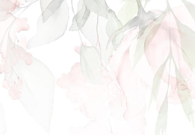 Apaļa Glezna (Deluxe) - Rozā rozes un zaļas lapas uz balta fona, 148686 Tapetenshop.lv