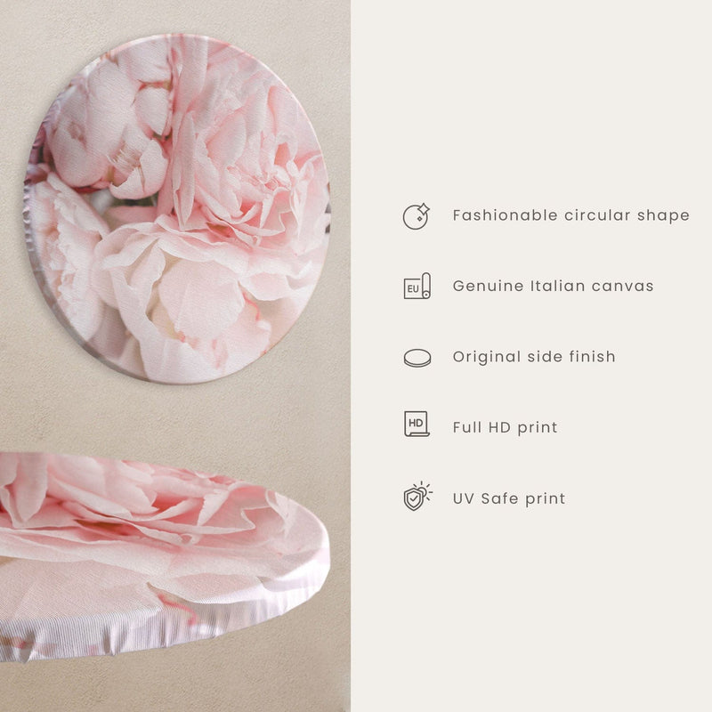 Apaļa kanva (Deluxe) - Rozā rozes un zaļas lapas uz balta fona, 148686 G-ART