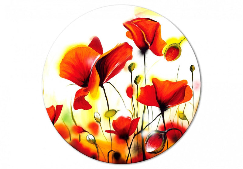 Apaļa kanva (Deluxe) - Sarkanās magones - ziedu pļava rīta saulē, 148751 G-ART