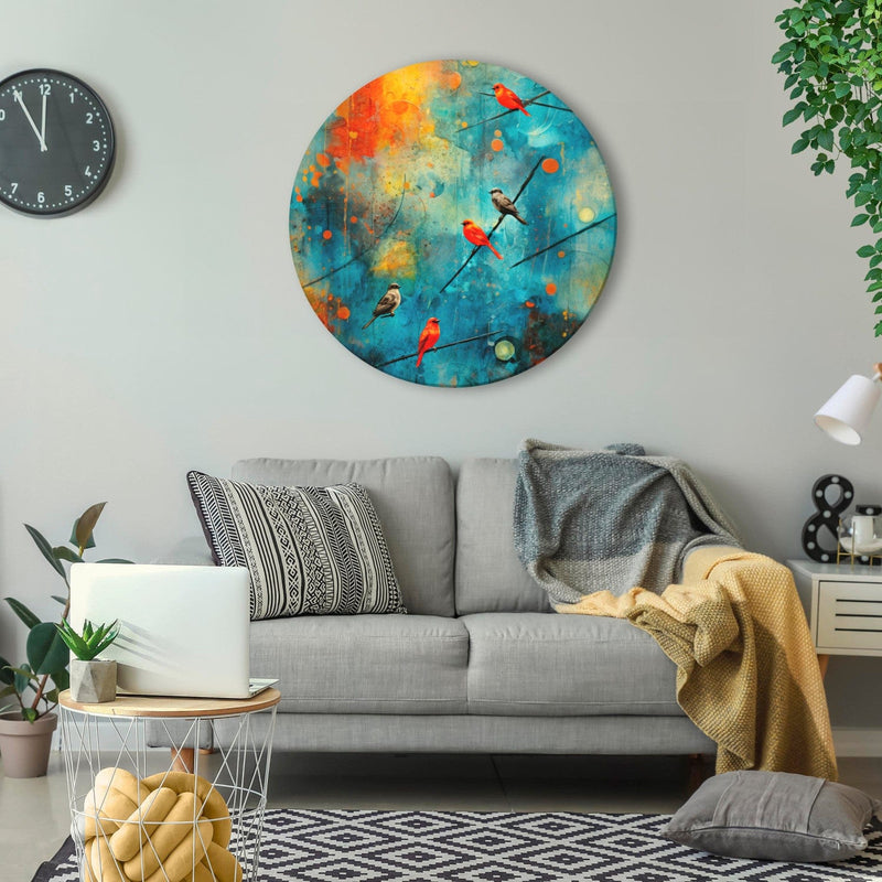 Round canva - Colourful birds on multicoloured abstract background, 151584 G-ART