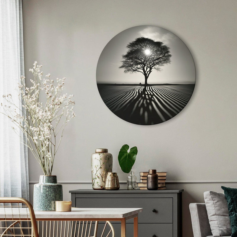 Round canva - Black and white landscape with sunset, 151582 G-ART