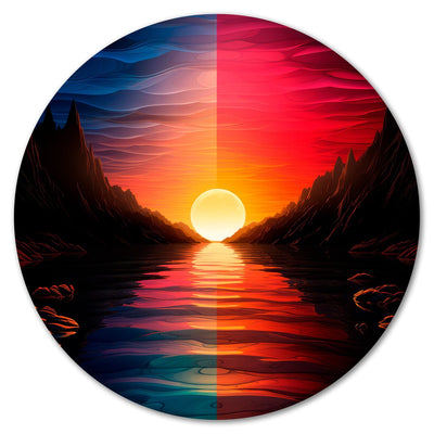 Round canva - Orange sun behind a mountain river, 151585 G-ART