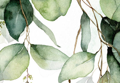Pyöreä сanvas-taulut - Aamukaste - Vihreät lehdet valkoisella pohjalla - akvarelli, 151476 G-ART