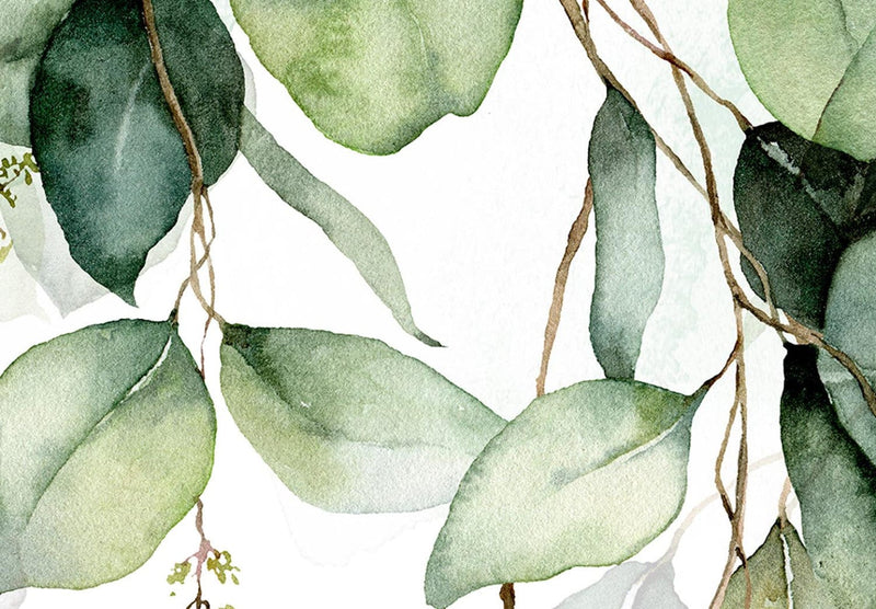 Круглая картина - Утренняя роса - зеленые листья на белом фоне - акварель, 151476 G-ART