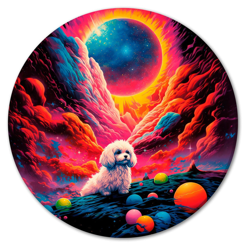 Apvalus paveikslėlis - Sėdintis pūkuotas šuo kosmoso fone, 151593 G-ART
