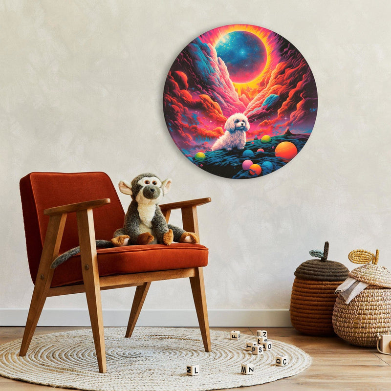 Pyöreä сanvas-taulut - Istuva pörröinen koira avaruuden taustalla, 151593 G-ART