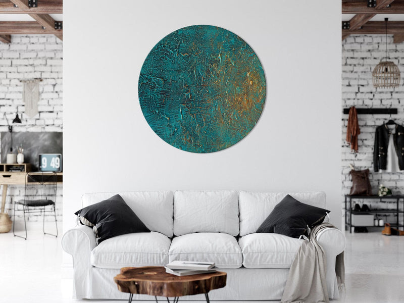 Round canva - Turquoise abstract texture with gold accent, 151475 G-ART