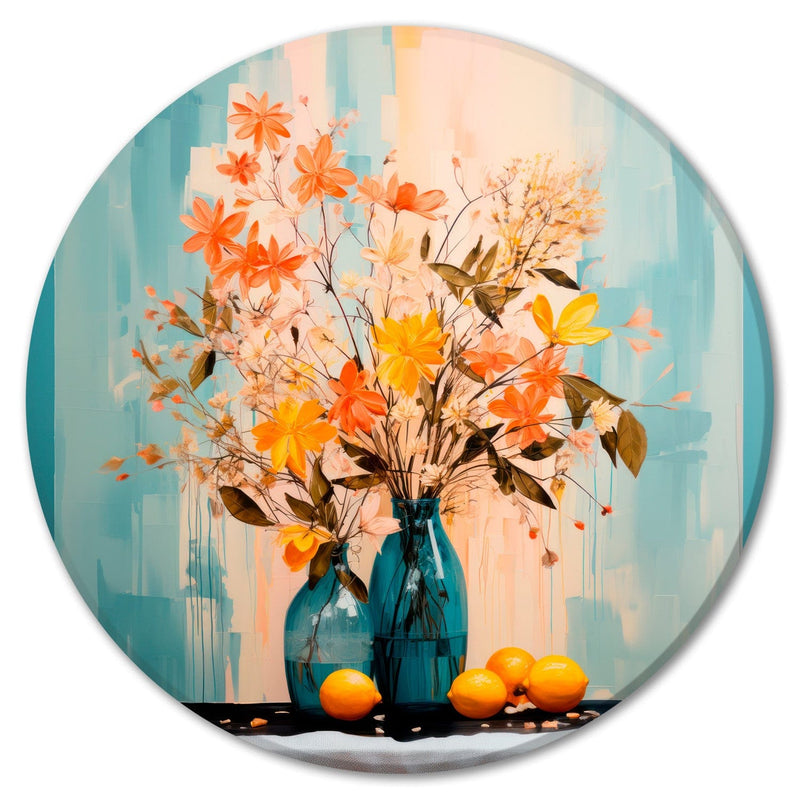 Apvalus paveikslėlis - Gėlės ir citrinos abstrakčiame fone, 151588 G-ART