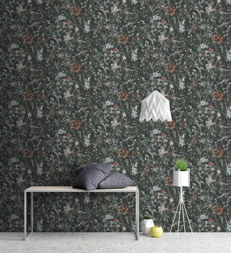 With floral pattern wallpapers in black, 1366236 AS Creation