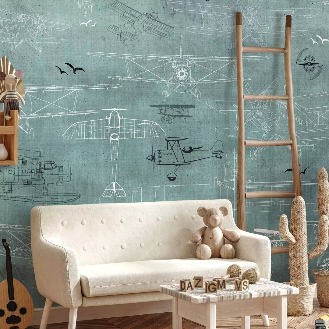 Valokuvatapetti - Piirroksia lentokoneista turkoosilla pohjalla, 149210