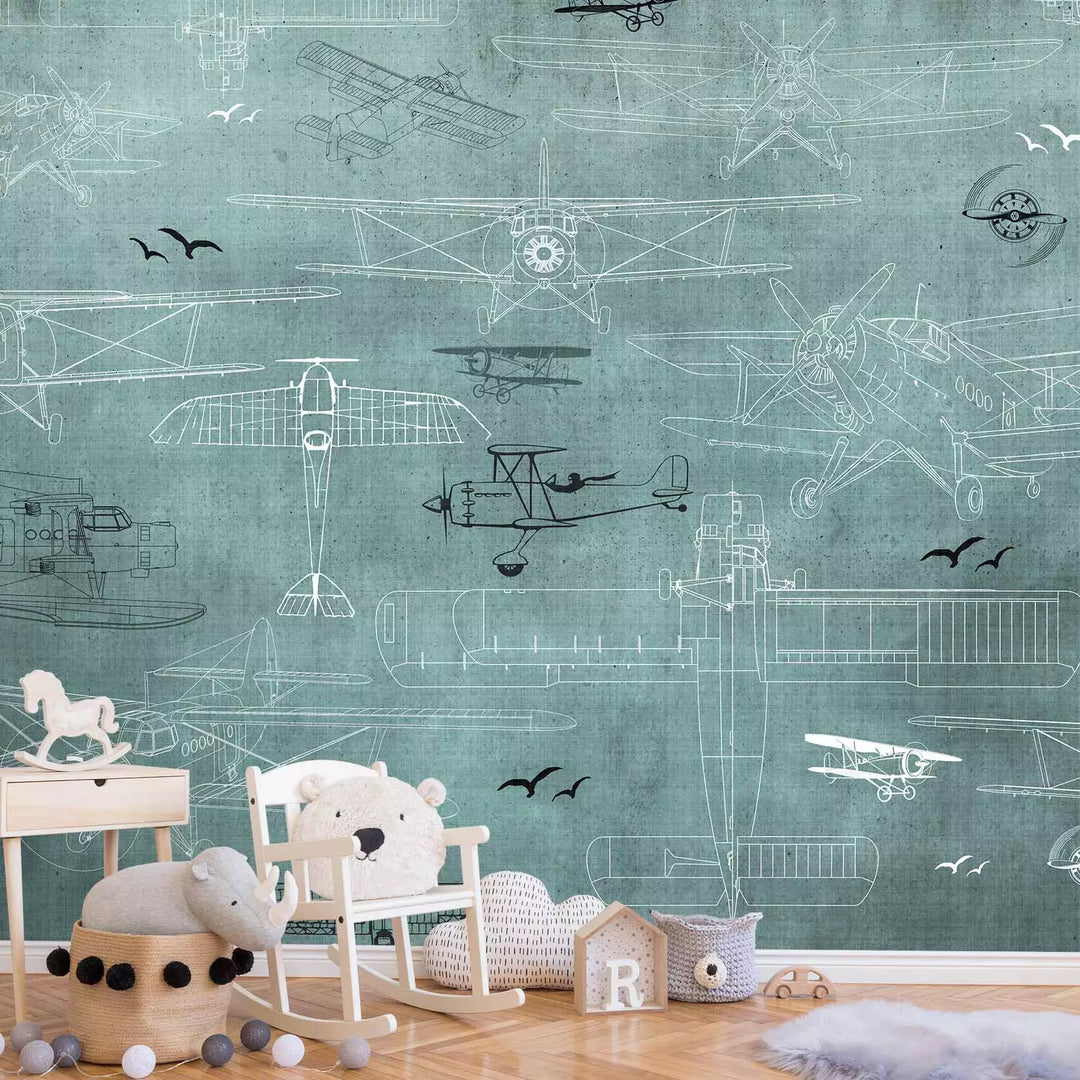 Valokuvatapetti - Piirroksia lentokoneista turkoosilla pohjalla, 149210