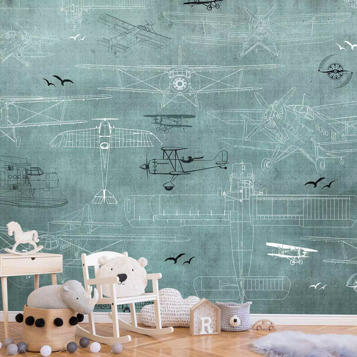 Valokuvatapetti - Piirroksia lentokoneista turkoosilla pohjalla, 149210