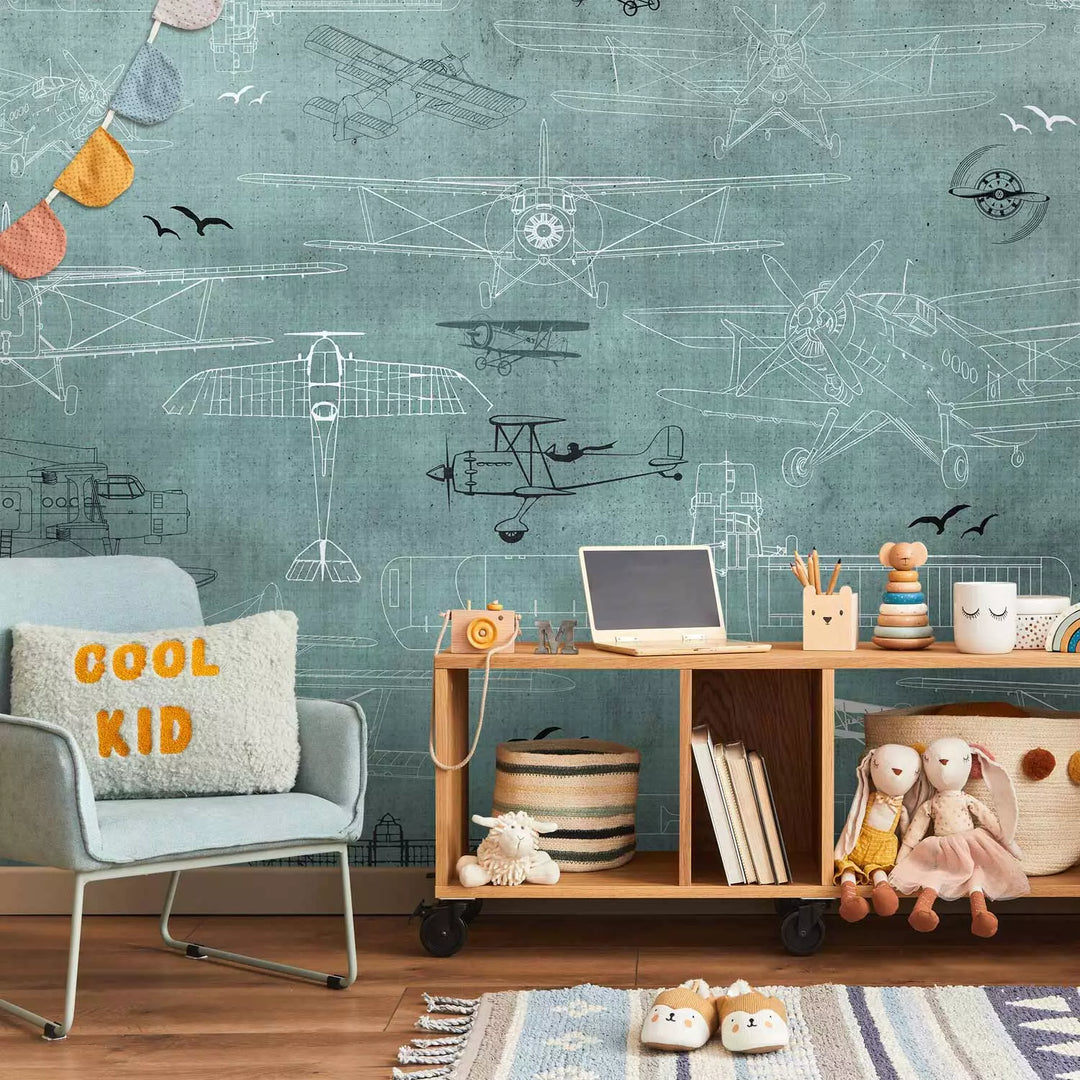 Valokuvatapetti - Piirroksia lentokoneista turkoosilla pohjalla, 149210