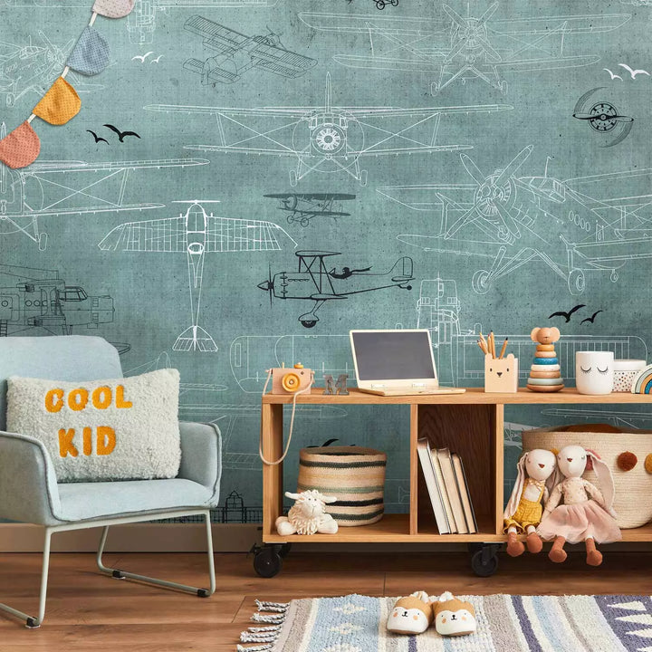 Valokuvatapetti - Piirroksia lentokoneista turkoosilla pohjalla, 149210