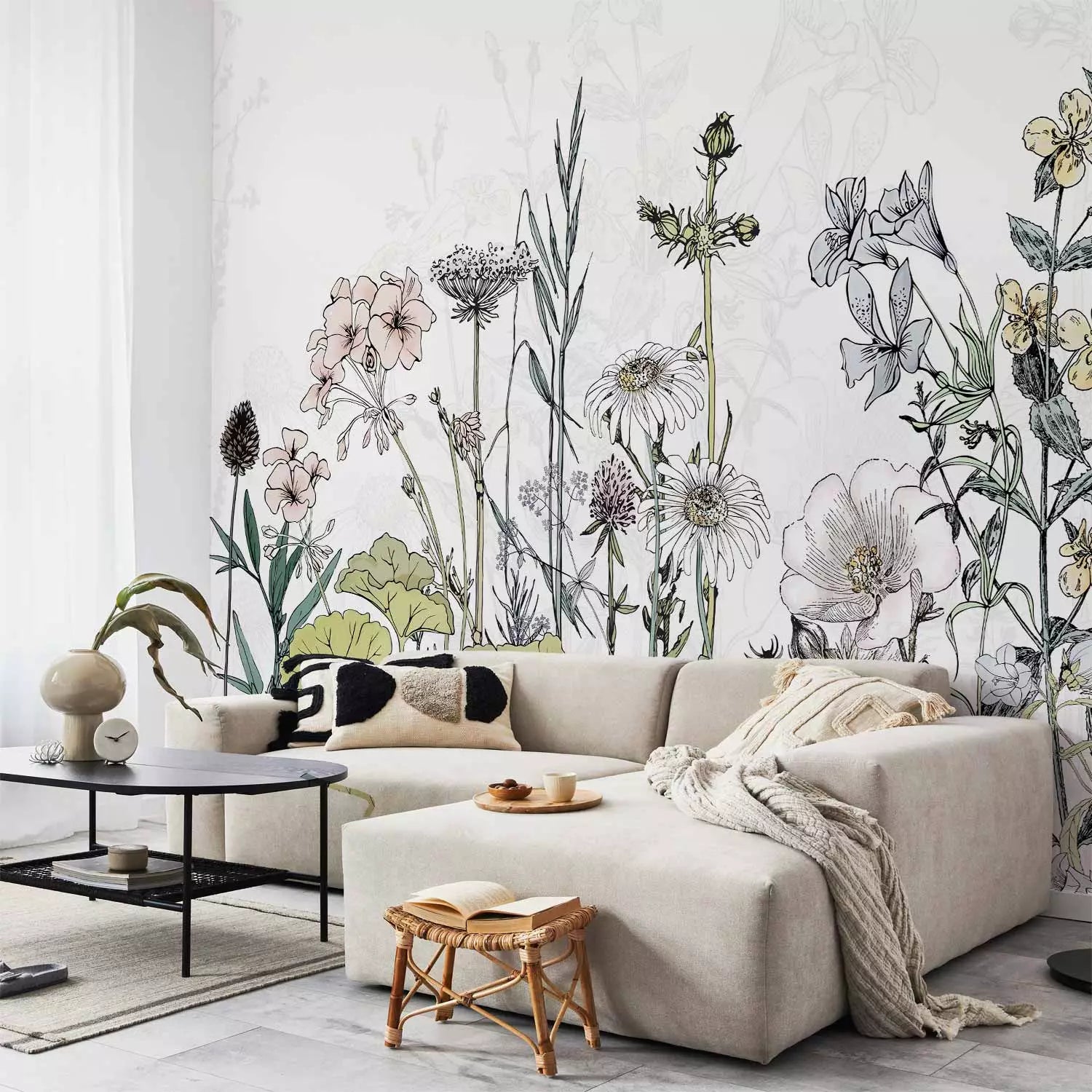 Fototapetes ar pļavas ziediem - Sapņu pļava - baltā, zaļā krāsā G-ART