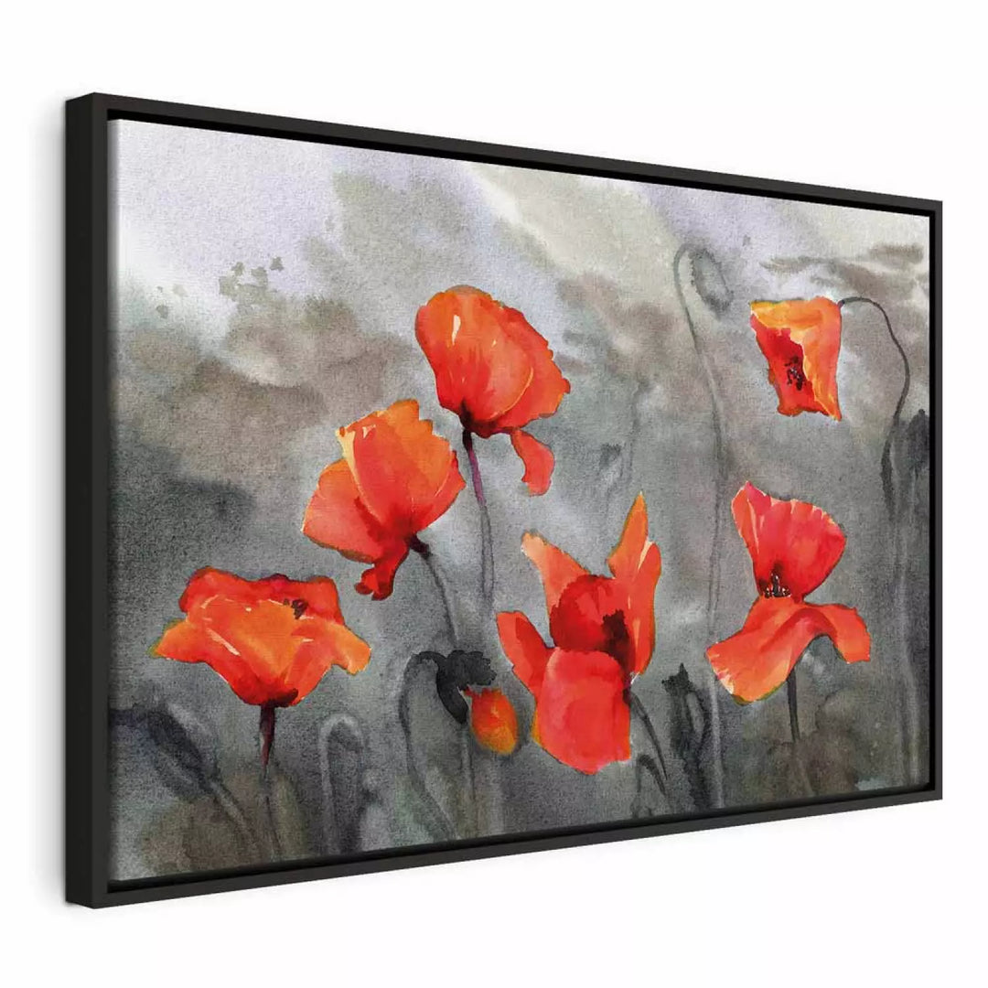 Glezna melnā koka rāmī - Magones (akvareļu tehnika), 97976