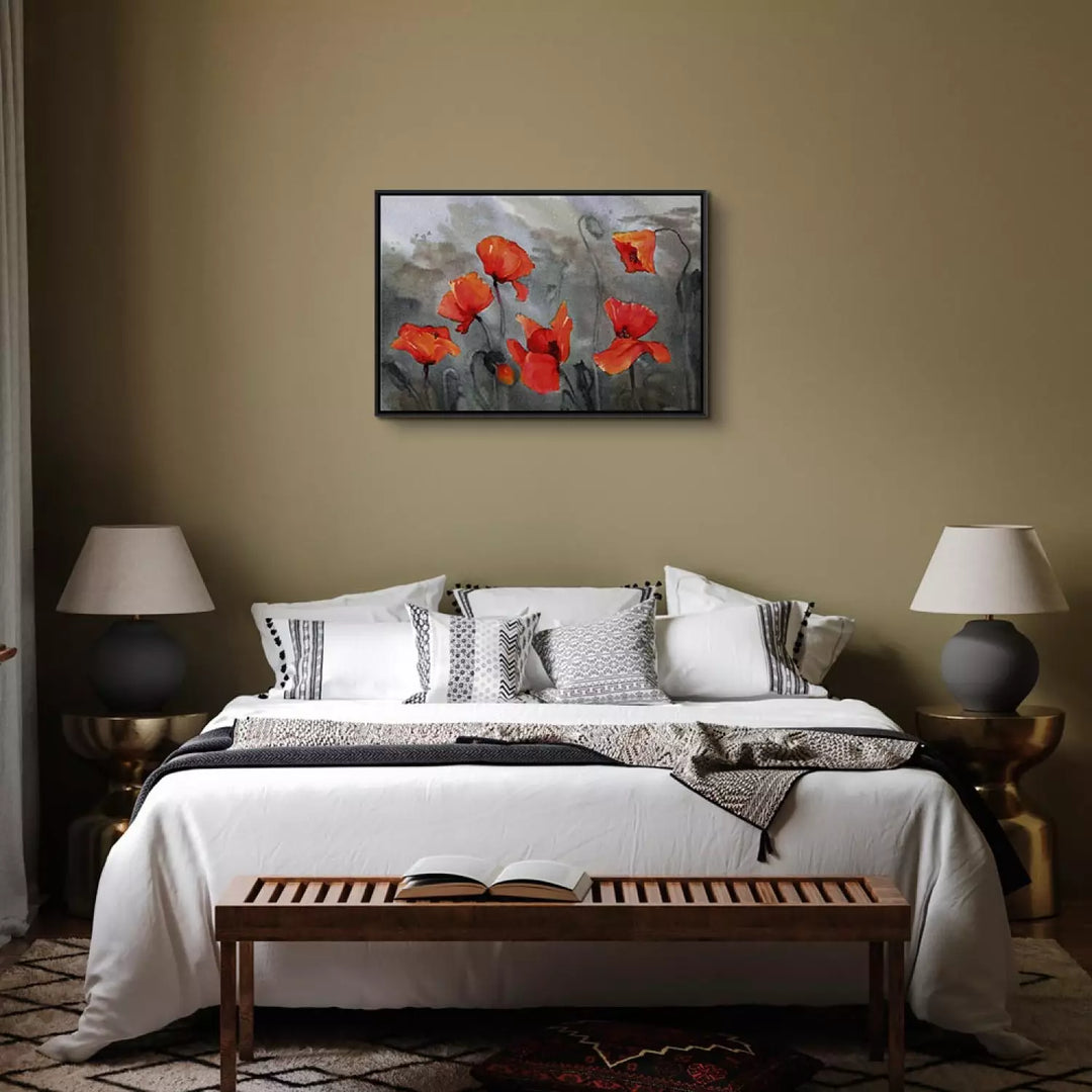 Glezna melnā koka rāmī - Magones (akvareļu tehnika), 97976