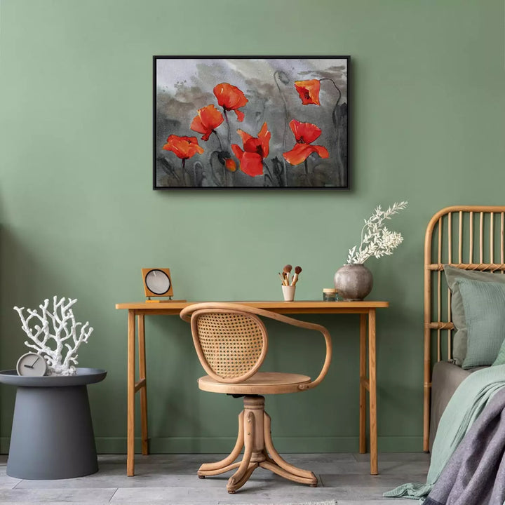 Glezna melnā koka rāmī - Magones (akvareļu tehnika), 97976