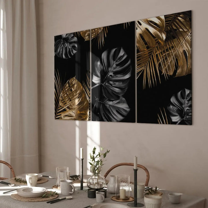 Canva with tropical leaves in black and gold, (x 3), 132129