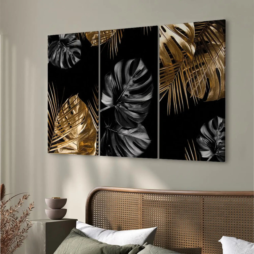 Canva with tropical leaves in black and gold, (x 3), 132129