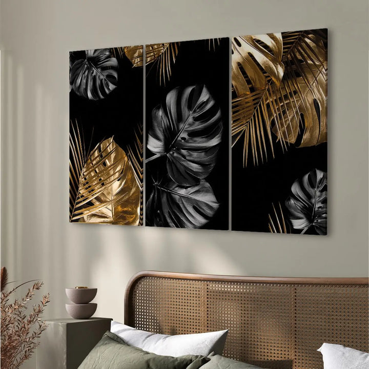 Canva with tropical leaves in black and gold, (x 3), 132129