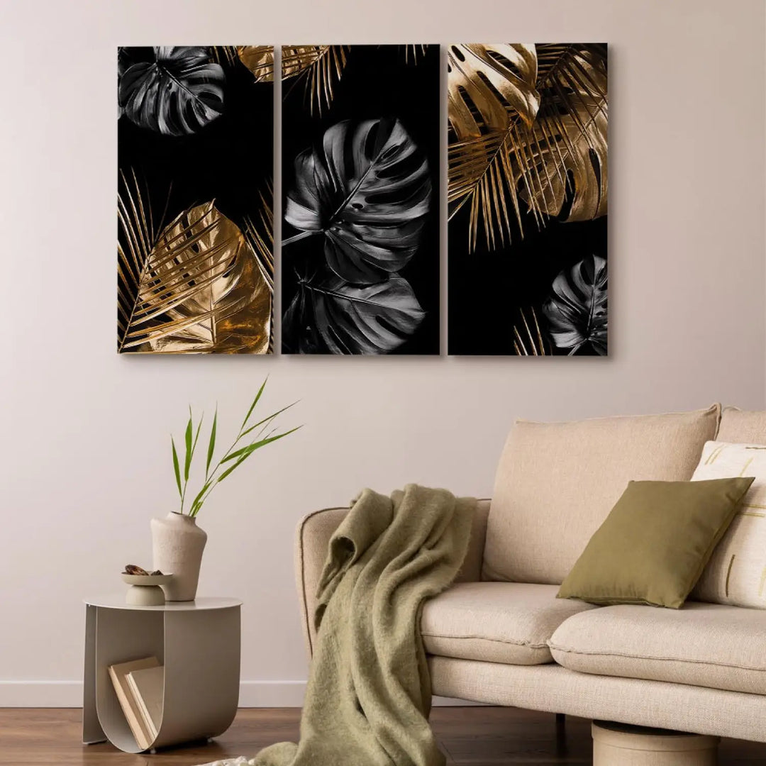 Canva with tropical leaves in black and gold, (x 3), 132129