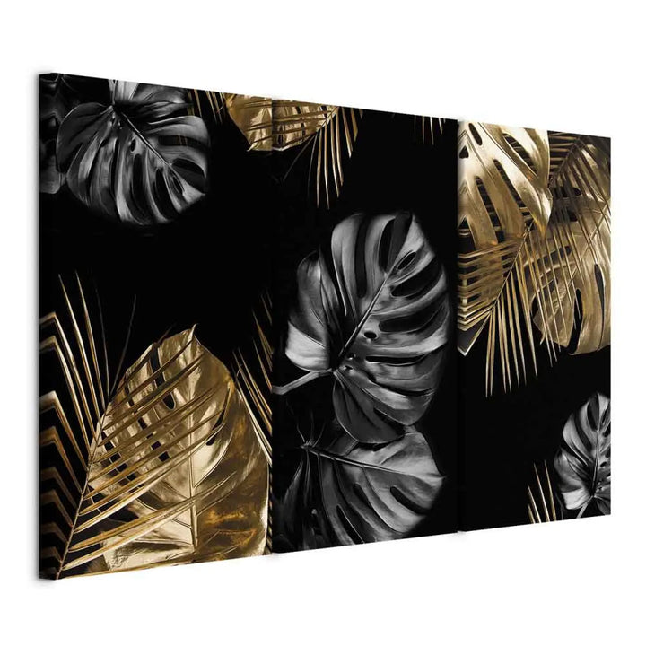Canva with tropical leaves in black and gold, (x 3), 132129