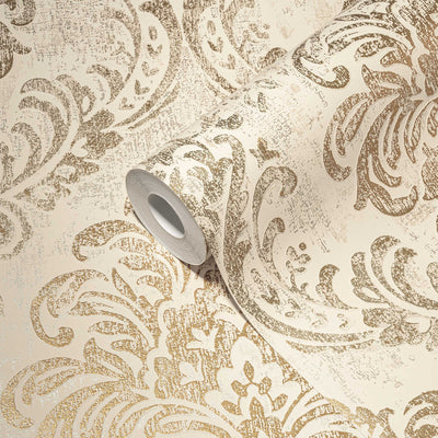 Baroque wallpaper with ornaments and shiny metallic look, cream - 1373725 AS Creation