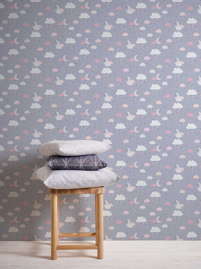 Children's wallpaper for girl's room with night sky, grey and pink, 1350503 Without PVC AS Creation