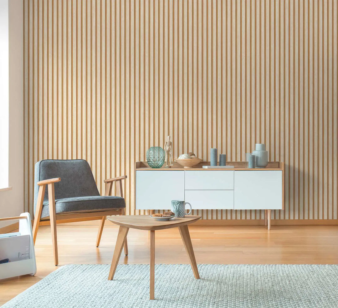 Beige striped wallpaper with wood imitation, slightly shiny surface – 3000334