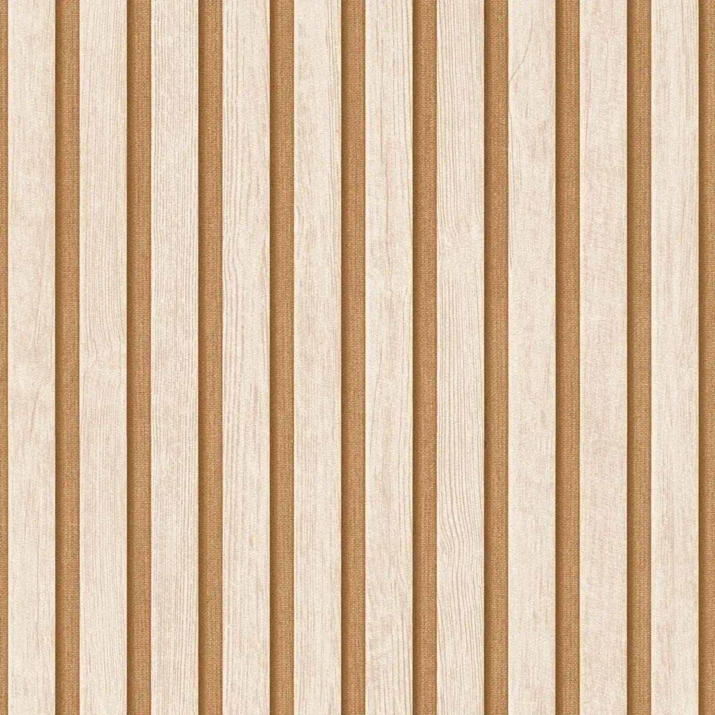 Lähikuva: beige raidallinen tapetti, jossa on puunjäljitelmä ja kiiltävä rakenne. SKU: 3000334, AS Creation.