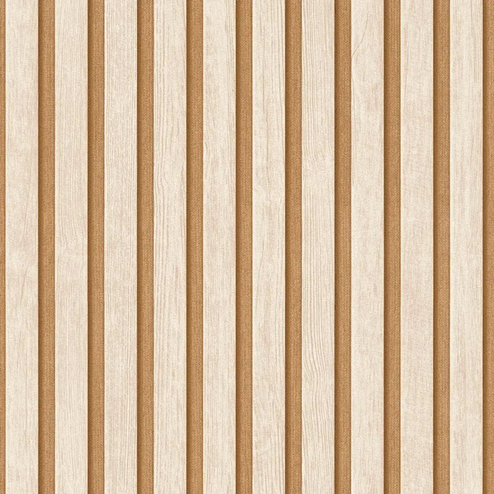 Close-up: beige striped wallpaper with imitation wood and glossy texture. SKU: 3000334, AS Creation.